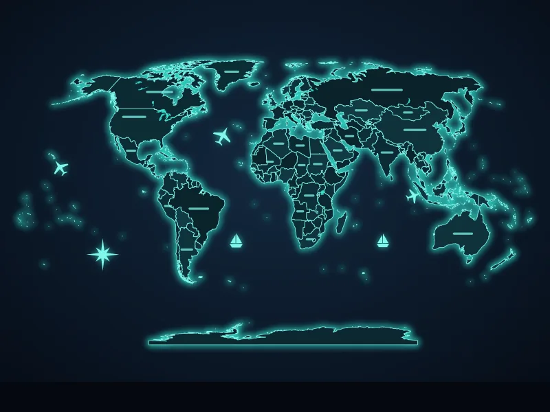 Illustration of a world map glowing turquoise in the dark