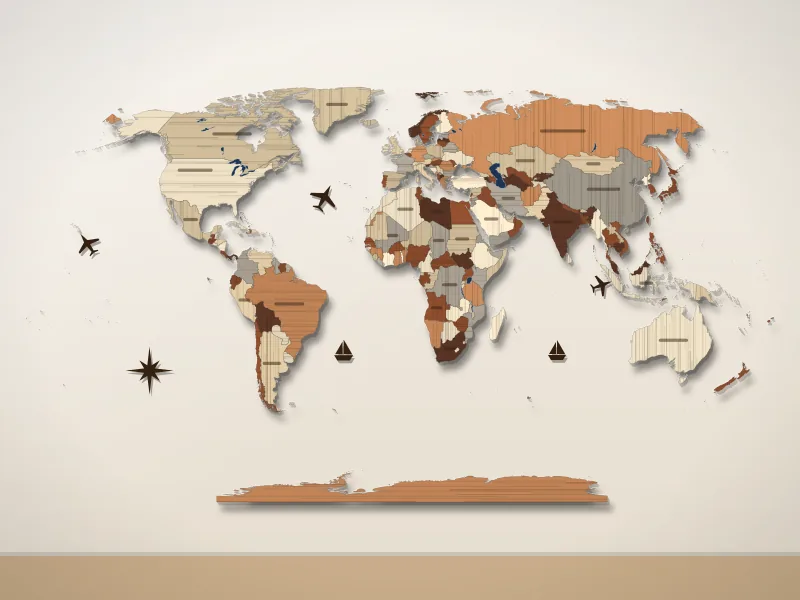 Illustration of a wooden world map in cream, caramel and brown tones