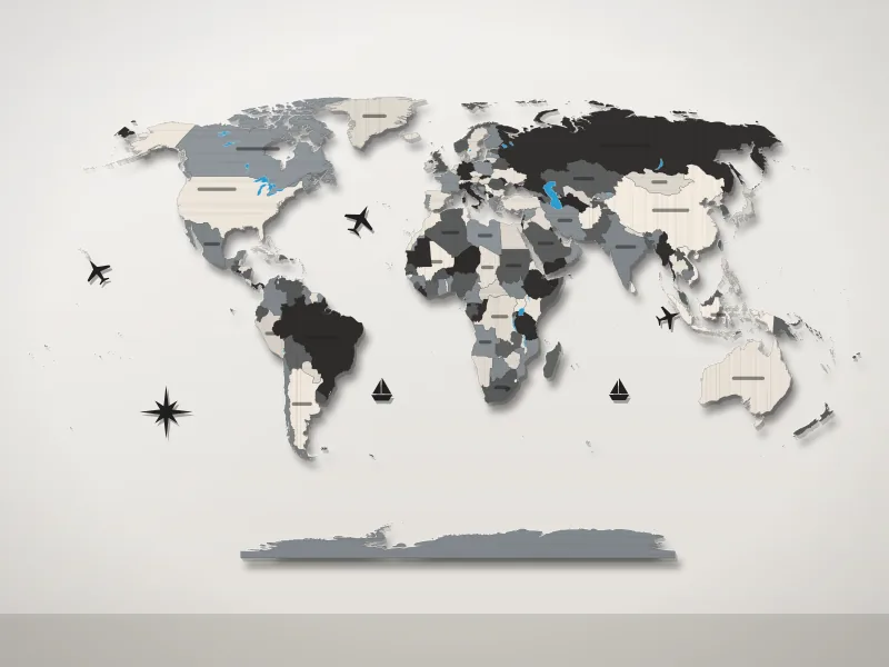 Illustration of a world map in cool greys and black