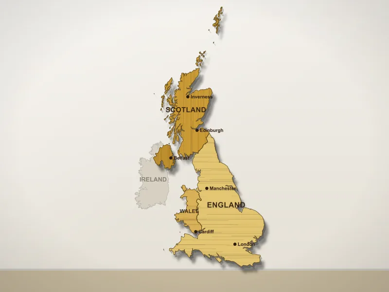 Illustration of a wooden map of the United Kingdom with England, Scotland, Wales and Northern Ireland as separate pieces, seen at an angle
